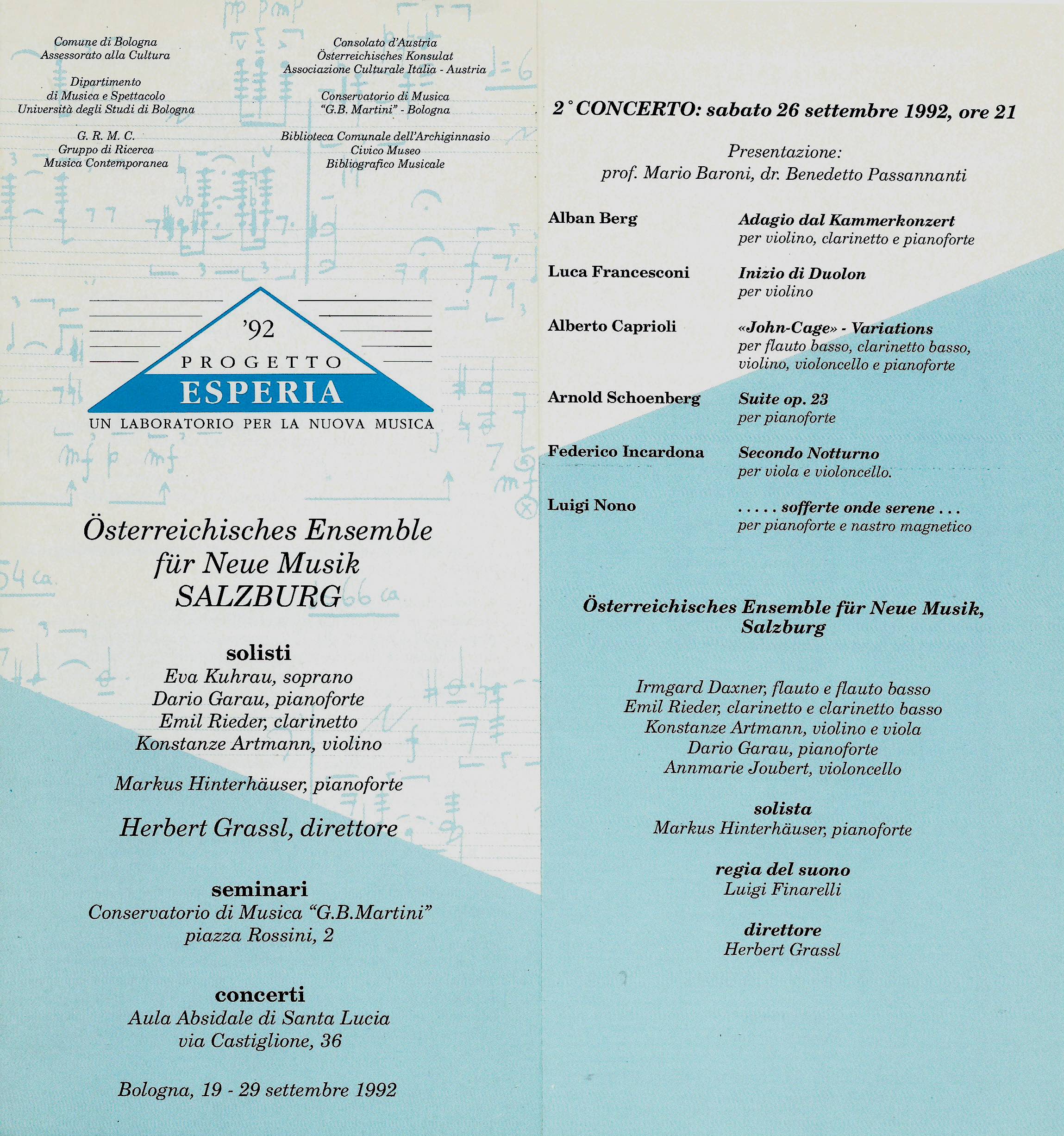 BOLOGNA, PROGETTO ESPERIA 1992. ALBERTO CAPRIOLI, JOHN CAGE VARIATIONS